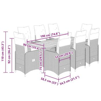 9-tlg. Garten-Bistro-Set mit Kissen Grau Poly Rattan