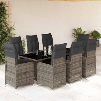 ARDEBO.de - 9-tlg. Garten-Bistro-Set mit Kissen Grau Poly Rattan