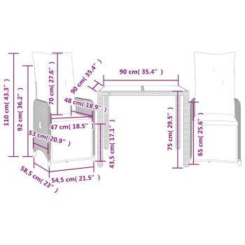 3-tlg. Garten-Bistro-Set mit Kissen Grau Poly Rattan