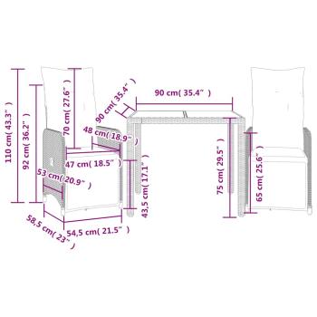 3-tlg. Garten-Bistro-Set mit Kissen Braun Poly Rattan