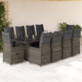 ARDEBO.de - 11-tlg. Garten-Bistro-Set mit Kissen Grau Poly Rattan