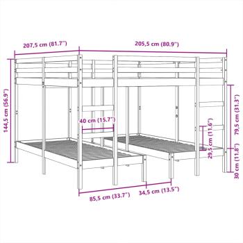 Dreifach-Etagenbett 140x200/70x140 cm Massivholz Kiefer