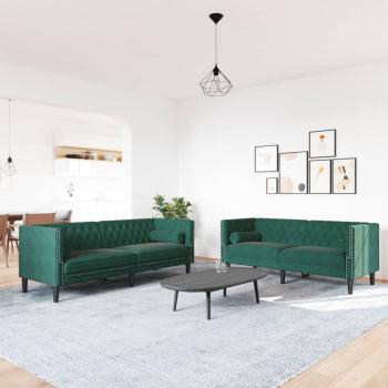 2-tlg. Chesterfield-Sofa-Set mit Nackenrollen Dunkelgrün Samt