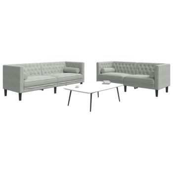 ARDEBO.de - 2-tlg. Chesterfield-Sofa-Set mit Nackenrollen Hellgrau Samt