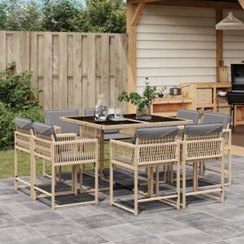 ARDEBO.de - 9-tlg. Garten-Essgruppe mit Kissen Beigemischung Poly Rattan