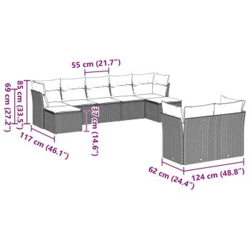 9-tlg. Garten-Sofagarnitur mit Kissen Hellgrau Poly Rattan