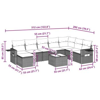 9-tlg. Garten-Sofagarnitur mit Kissen Hellgrau Poly Rattan