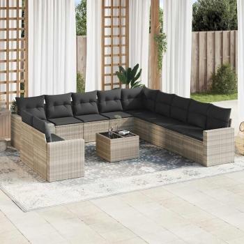 ARDEBO.de - 12-tlg. Garten-Sofagarnitur mit Kissen Hellgrau Poly Rattan