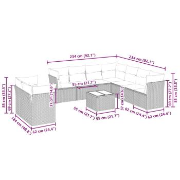 10-tlg. Garten-Sofagarnitur mit Kissen Hellgrau Poly Rattan
