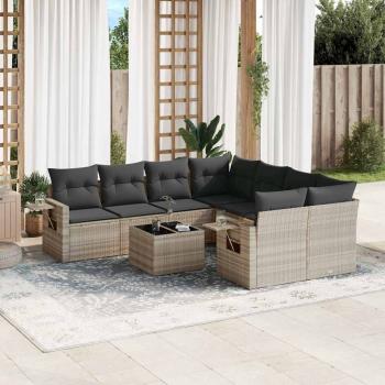 ARDEBO.de - 9-tlg. Garten-Sofagarnitur mit Kissen Hellgrau Poly Rattan