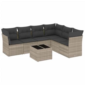 7-tlg. Garten-Sofagarnitur mit Kissen Hellgrau Poly Rattan