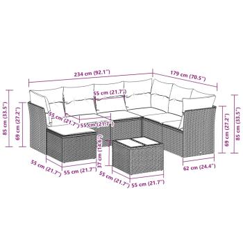 8-tlg. Garten-Sofagarnitur mit Kissen Hellgrau Poly Rattan