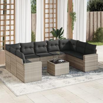 ARDEBO.de - 10-tlg. Garten-Sofagarnitur mit Kissen Hellgrau Poly Rattan