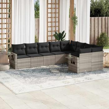 ARDEBO.de - 9-tlg. Garten-Sofagarnitur mit Kissen Hellgrau Poly Rattan