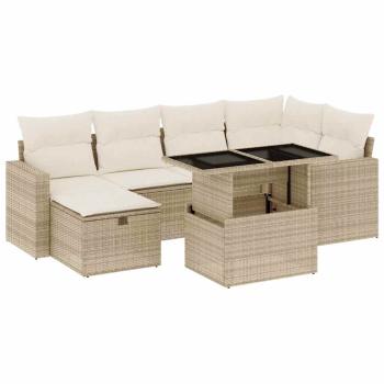 7-tlg. Garten-Sofagarnitur mit Kissen Beige Poly Rattan