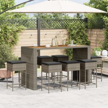 ARDEBO.de - 9-tlg. Gartenbar-Set mit Kissen Grau Poly Rattan