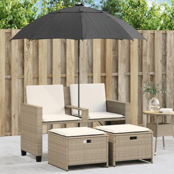 ARDEBO.de - Gartensofa 2-Sitzer Sonnenschirm und Hocker Beige Poly-Rattan