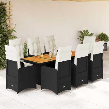 ARDEBO.de - 9-tlg. Garten-Bistro-Set mit Kissen Schwarz Poly Rattan