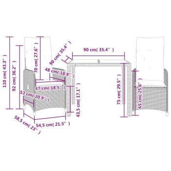 3-tlg. Garten-Bistro-Set mit Kissen Grau Poly Rattan
