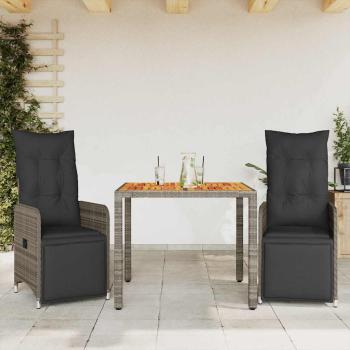 ARDEBO.de - 3-tlg. Garten-Bistro-Set mit Kissen Grau Poly Rattan