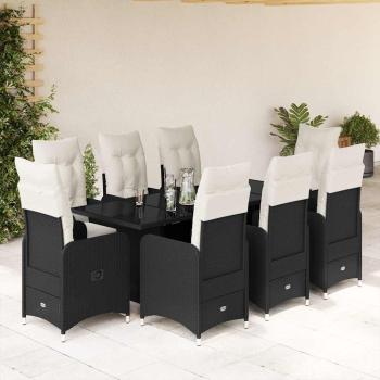 ARDEBO.de - 9-tlg. Garten-Bistro-Set mit Kissen Schwarz Poly Rattan