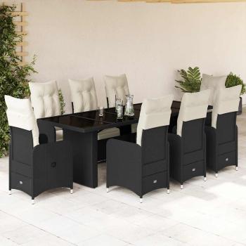 ARDEBO.de - 9-tlg. Garten-Bistro-Set mit Kissen Schwarz Poly Rattan