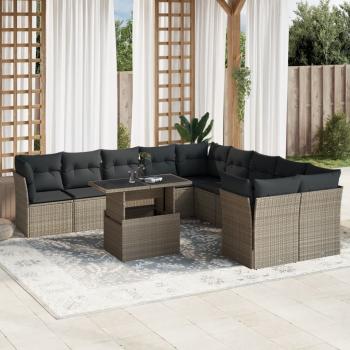 ARDEBO.de - 11-tlg. Garten-Sofagarnitur mit Kissen Hellgrau Poly Rattan