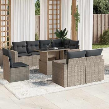 ARDEBO.de - 9-tlg. Garten-Sofagarnitur mit Kissen Hellgrau Poly Rattan