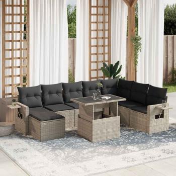 ARDEBO.de - 9-tlg. Garten-Sofagarnitur mit Kissen Hellgrau Poly Rattan