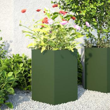 ARDEBO.de - Pflanzkübel 2 Stk. Olivgrün Sechseckig 46x40x45 Stahl