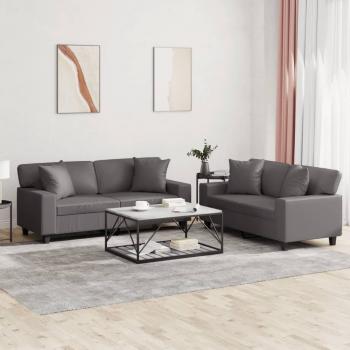 ARDEBO.de - 2-tlg. Sofagarnitur mit Kissen Grau Kunstleder