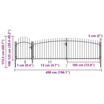 Gartentor mit Speerspitzen 5x1,75 m Schwarz