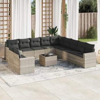 ARDEBO.de - 12-tlg. Garten-Sofagarnitur mit Kissen Hellgrau Poly Rattan