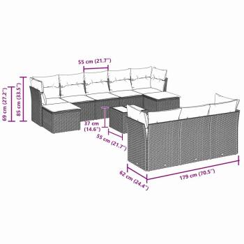 11-tlg. Garten-Sofagarnitur mit Kissen Hellgrau Poly Rattan