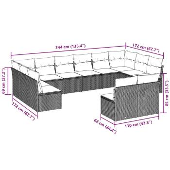12-tlg. Garten-Sofagarnitur mit Kissen Hellgrau Poly Rattan