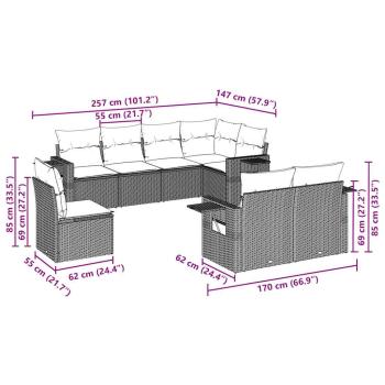8-tlg. Garten-Sofagarnitur mit Kissen Hellgrau Poly Rattan