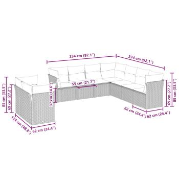 9-tlg. Garten-Sofagarnitur mit Kissen Hellgrau Poly Rattan
