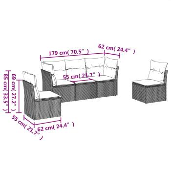 5-tlg. Garten-Sofagarnitur mit Kissen Hellgrau Poly Rattan