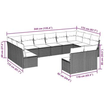 12-tlg. Garten-Sofagarnitur mit Kissen Hellgrau Poly Rattan