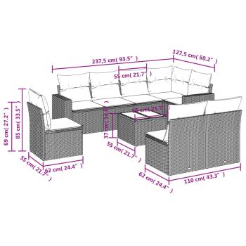 9-tlg. Garten-Sofagarnitur mit Kissen Hellgrau Poly Rattan