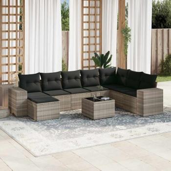 ARDEBO.de - 9-tlg. Garten-Sofagarnitur mit Kissen Hellgrau Poly Rattan