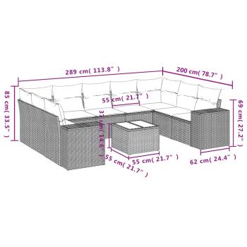 10-tlg. Garten-Sofagarnitur mit Kissen Hellgrau Poly Rattan