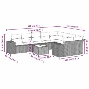 10-tlg. Garten-Sofagarnitur mit Kissen Hellgrau Poly Rattan