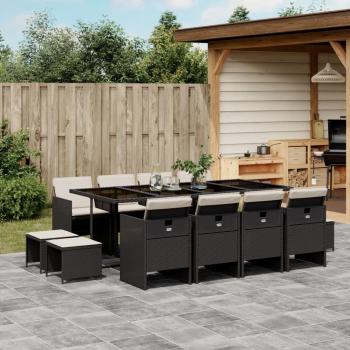 ARDEBO.de - 13-tlg. Garten-Essgruppe mit Kissen Schwarz Poly Rattan