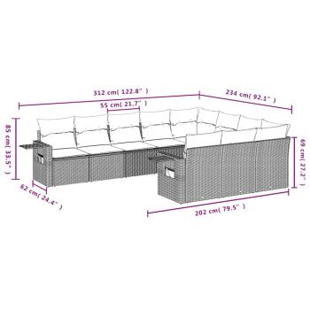 10-tlg. Garten-Sofagarnitur mit Kissen Hellgrau Poly Rattan