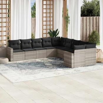 ARDEBO.de - 10-tlg. Garten-Sofagarnitur mit Kissen Hellgrau Poly Rattan