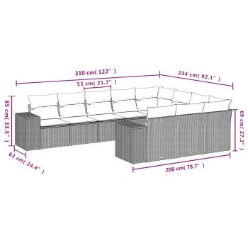 10-tlg. Garten-Sofagarnitur mit Kissen Hellgrau Poly Rattan