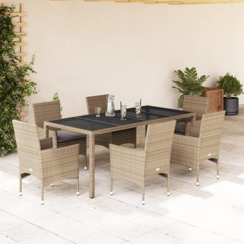 ARDEBO.de - 7-tlg. Garten-Essgruppe mit Kissen Beige Poly Rattan und Glas