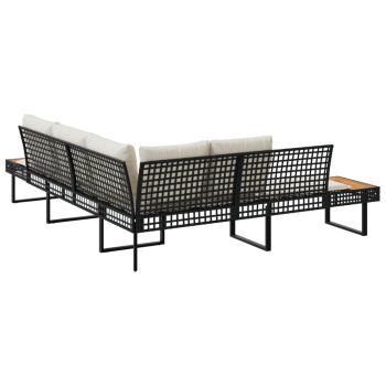 Gartensofa in L-Form mit Kissen Schwarz Poly Rattan und Akazie
