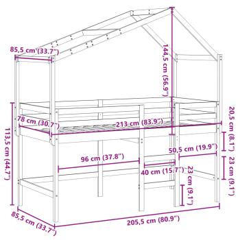 Hochbett mit Leiter und Dach 80x200 cm Massivholz Kiefer